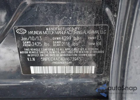 2013 Hyundai Sonata Se из США, поврежденный, VIN 5NPEC4AC4DH673945